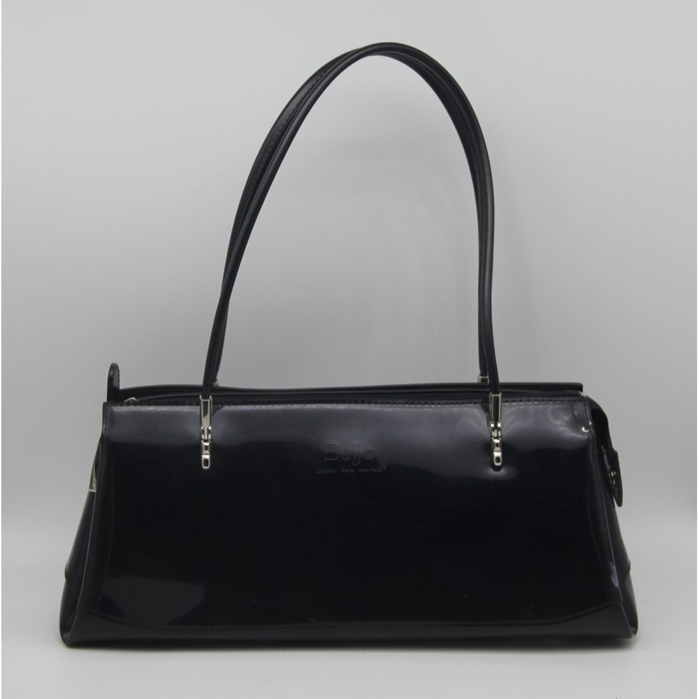 Beijo Uptown Shiny Black Silver Medium Shoulder Bag London Paris New York Y2K